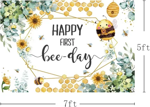 Miniatura 3 de MEHOFOND Telón de fondo para el primer día de las abejas con texto en inglés «Happy First Bee-Day» para fiesta de cumpleaños de niño y niña, panal