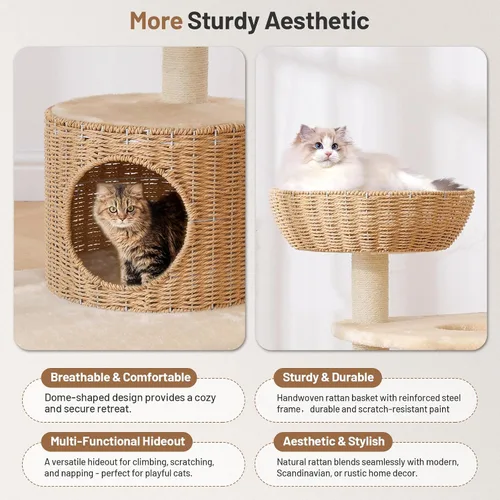 Miniatura 4 de Moderno árbol de ratán para gatos, torre de escalada alta y resistente con poste rascador, cesta, cama y soporte para gatos adultos grandes