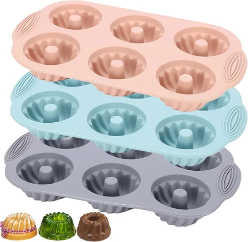 Jello Molds - 3 moldes de silicona para tartas de tubo estriado, 6 cavidades Heritage, molde de silicona para hornear moldes antiadherentes (rosa,