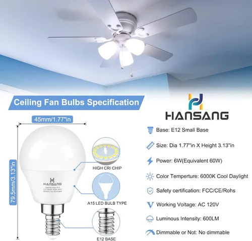 Miniatura 3 de Bombillas LED E12 para ventilador de techo de 6000 K, luz diurna fría, equivalente a 6 W, equivalente a 60 vatios, bombillas A15 con base