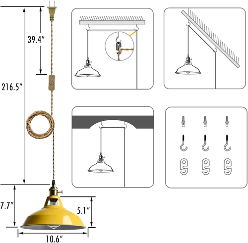 Miniatura 2 de YUBOLE Lámpara colgante nórdica con enchufe, lámpara colgante de metal para granero, lámpara colgante para cocina, dormitorio, vestíbulo, amarilla