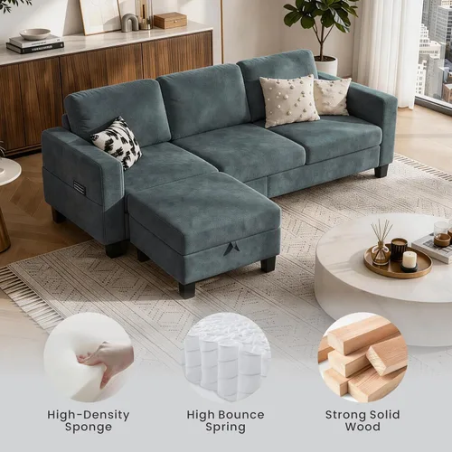 Miniatura 3 de Sofá modular de 78 pulgadas para sala de estar, sofá azul en forma de L con otomana de almacenamiento, asiento profundo, juego de sofá de tela