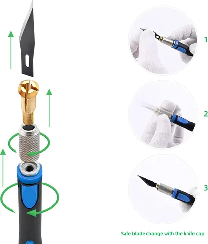 Miniatura 3 de FOSHIO Juego de 2 cuchillos de precisión para manualidades con 20 cuchillas de repuesto, mango ergonómico antideslizante con cubierta protectora