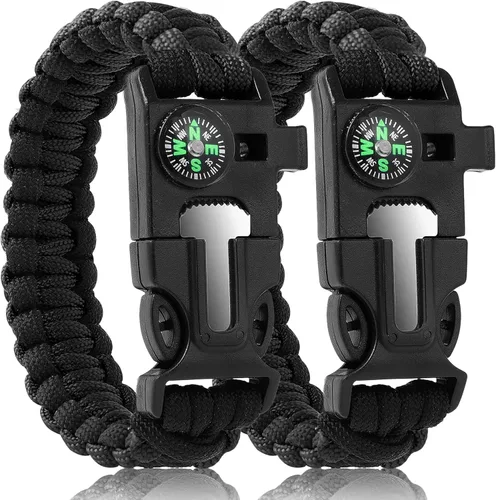 Miniatura 9 de Pulseras Oadnfa, pulseras de supervivencia para hombres, kit de equipo táctico de paracord de 5 en 1 para acampar, con cuerda de paracaídas Negro