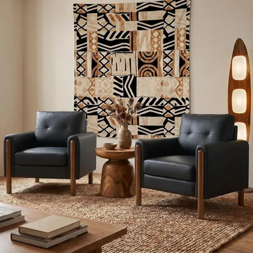 Miniatura 12 de STHOUYN 35" Black Leather Oversized Accent Chair with Wood Armrests, Mid-Century Modern Tufted Living Room Chair, Comfy Reading Sofa Chair with
