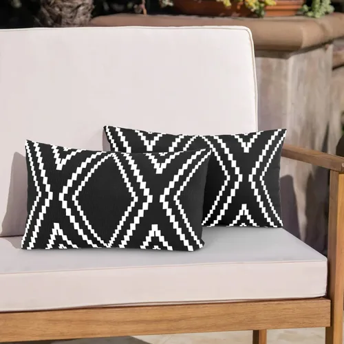 Miniatura 10 de Juego de 2 fundas de almohada para exteriores, impermeables, geométricas bohemias en blanco y negro para muebles de patio, fundas de almohada