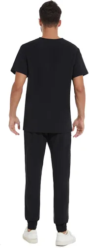 Miniatura 2 de COZYFIT Conjunto de ropa quirúrgica para hombre camiseta elástica con cuello en V y pantalón deportivo con 8 bolsillos, cintura de yoga, ropa