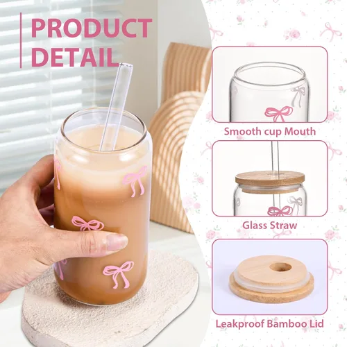Miniatura 2 de Tazas de vidrio lindas con moño rosa y tapas y popotes, taza estética de café helado, taza de diseño preppy femenino, regalos de cumpleaños y San