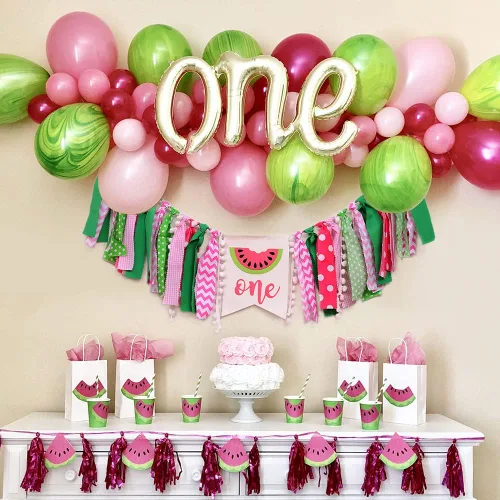 Miniatura 3 de WAWUO Cartel de cumpleaños de sandía, rosa, patrón de sandía, montaje en silla alta, perfecto para accesorios de cabina de fotos y fiestas