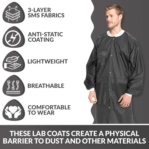 Miniatura 39 de Paquete de 10 chaquetas desechables de laboratorio, chaqueta médica reutilizable hasta la cadera, unisex, con puños de punto y bolsillos