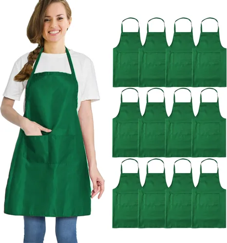 12 delantales verdes a granel resistentes a gotas de agua para mujeres y hombres, delantales de cocina con 2 bolsillos (24 x 28 pulgadas, verde)