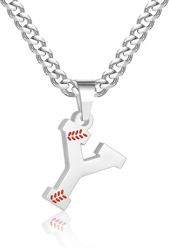 Miniatura 67 de Avotto Collar de béisbol con letra inicial de la A a la Z para niños y hombres, cadena cubana de acero inoxidable resistente que no se decolora