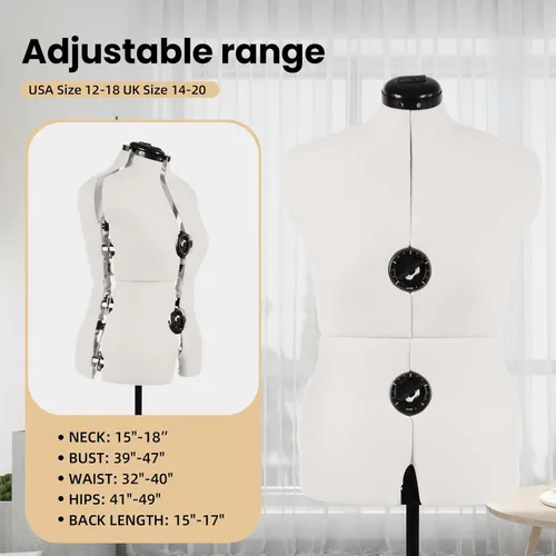 Miniatura 2 de Maniquí de forma de vestido ajustable beige para costura talla femenina 12-18, cuerpo de modelo con alfileres con 13 diales, ruedas desmontables