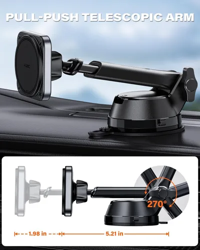 Miniatura 4 de APPS2Car Soporte magnético para automóvil MagSafe, soporte de teléfono resistente con 20 imanes N55, fuerte ventosa, brazo telescópico ajustable