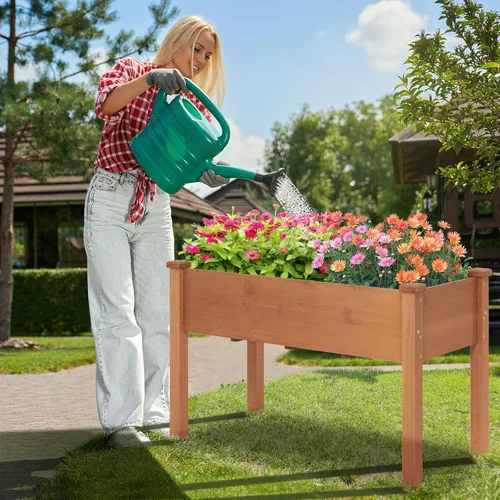 Miniatura 9 de Giantex Cama de jardín elevada, maceta elevada de madera con forro protector y orificio de drenaje, maceta elevada para plantar verduras, flores