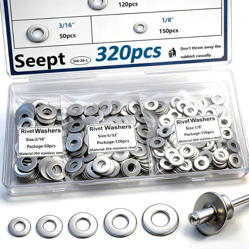 Miniatura 11 de 375 piezas de arandelas de remache pop plateadas, kit surtido para remaches pop de diámetro 3/32", 1/8", 5/32", 3/16", 1/4" de acero inoxidable 304