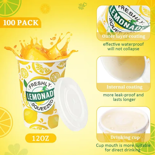 Miniatura 5 de Meanplan 300 piezas/100 juegos de vasos de limonada con tapas y pajitas, vasos desechables para fiestas, tazas de papel de limón, suministros