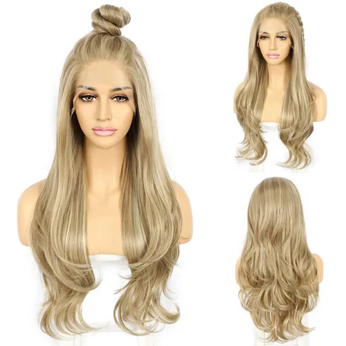 SAPPHIREWIGS Peluca rubia con encaje frontal, pelucas largas y onduladas para mujer, pelucas de color rubio ceniza, resistentes al calor, para Mix