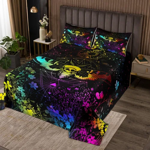 Miniatura 30 de Erosebridal Juego de colcha de teñido anudado arcoíris, juego de ropa de cama bohemio de calavera de la muerte, juego de ropa de cama tamaño King