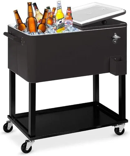 SSLine Enfriador portátil para patio con ruedas, carrito de barra de bebidas frías al aire libre con estante de almacenamiento y abridor de