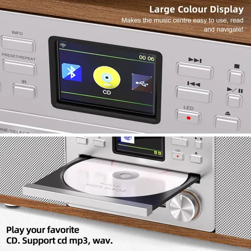 Miniatura 4 de 10 in 1 Record Player Multimedia with Speakers, CD Player, Bluetooth Receiver, Internet Radio, USB Recording, 3-Speed Turntable, Alarm Clock, Sleep