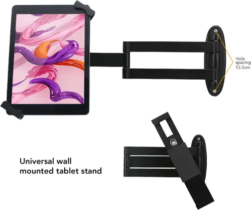 Miniatura 2 de Soporte de pared para tableta, brazo giratorio ajustable, cerradura de seguridad antirrobo y llave, plegable, rotación 360°, negro