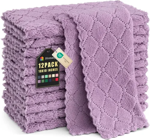 Homaxy - Paquete de 12 trapos de cocina (10 x 10 pulgadas, morado), de terciopelo coral, supersuaves y absorbentes, de secado rápido, paño de