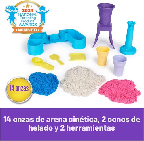 Miniatura 2 de Kinetic Sand, Estación de servicio suave con arena de juego de 14 onzas (azul, rosa y blanco), 2 conos de helado y 2 herramientas, juguetes