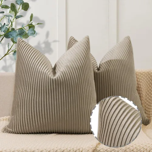 Miniatura 10 de YCOLL Juego de 2 fundas de almohada beige de 18 x 18 pulgadas, patrón de rayas de terciopelo, almohadas suaves para decoración del hogar, fundas