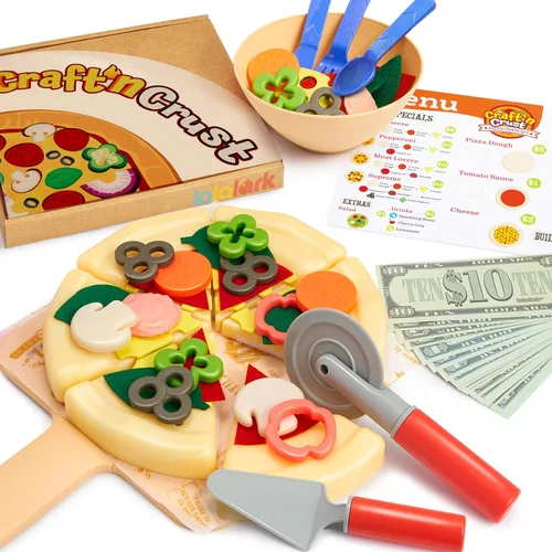lalalark Play Food - Juguete de pizza con 18 coberturas - Cortar alimentos para niños - Craft 'n Crust - Check Out interactivo - Dinero de juego -
