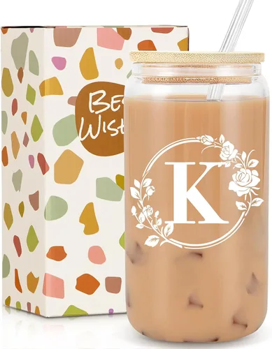 Miniatura 13 de Regalos de cumpleaños para mujeres, taza de vidrio personalizada con monograma de iniciales para mujeres, tazas de vidrio de 16oz con tapas