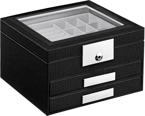 Miniatura 2 de Oyydecor Joyero con tapa de cristal organizador de joyas de piel sintética de 3 niveles con 2 cajones estuche de joyería portátil grande