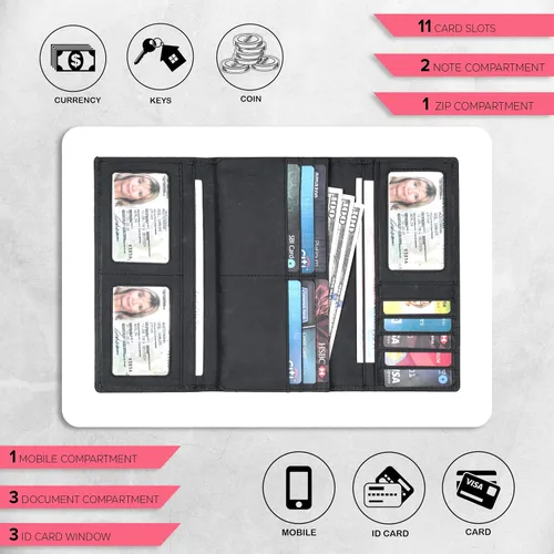 Miniatura 4 de Cartera de cuero real para mujer con bloqueo RFID, diseño triple tarjetero para damas con ventana de identificación