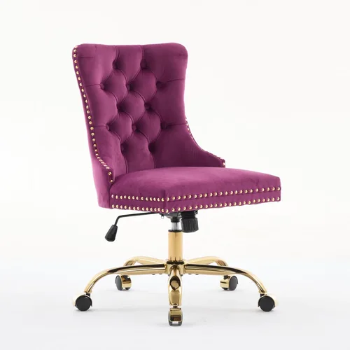 Silla de oficina en casa de terciopelo con base de metal dorado y ribete de cabeza de clavo, moderna silla de trabajo tapizada giratoria tapizada,