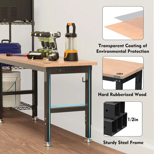 Miniatura 5 de WORKPRO Banco de trabajo ajustable de 60 pulgadas, estación de trabajo resistente con parte superior de madera de goma, capacidad de carga de 2000