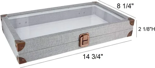Miniatura 3 de 888 Display USA - Joyero cubierto de lino gris con tapa de vidrio y pestillo