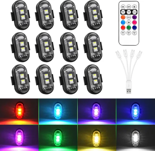 Luces estroboscópicas RGB LED inalámbricas para aviones con control remoto, 8 colores, 10 modos de parpadeo, carga USB, luces anticolisión,