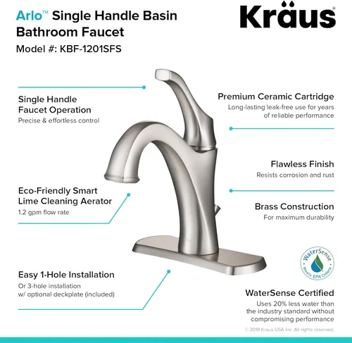 Miniatura 5 de KRAUS KBF-1201SFS Arlo Grifo de lavabo de una sola manija para baño con drenaje de varilla de elevación y placa de cubierta, acero inoxidable Acero