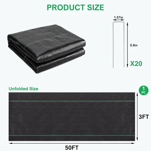 Miniatura 8 de Tela de barrera de malezas de 3 pies x 50 pies – 3.2 oz Premium Heavy Duty Weed Block cubierta del suelo con 20 clavijas de seguridad en forma de U