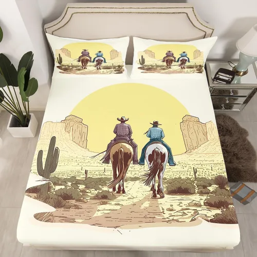 Miniatura 14 de Erosebridal Sábana bajera ajustable de vaquero, tamaño individual, desierto salvaje oeste americano, ilustración dibujada a mano, para decoración