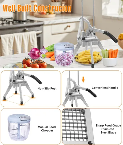 Miniatura 4 de Cortador de Verduras y Frutas Profesional de Acero Inoxidable de 1/4" y 3/8" de Hoja, Cortador de Papas Fritas Kattex, Rallador de Cebolla, Picador