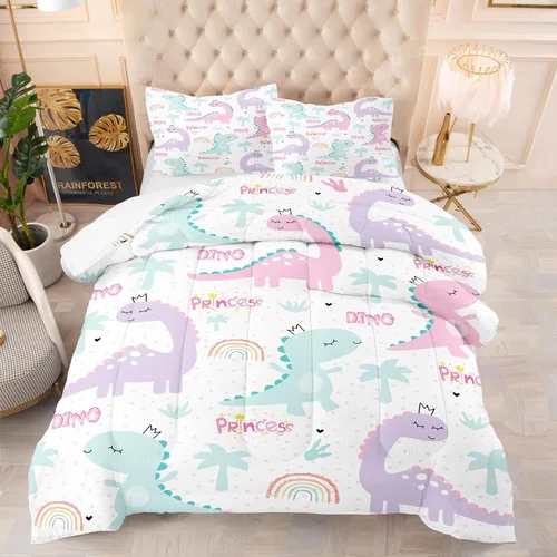NINENINE Juego de ropa de cama individual para niñas, juego de edredón de dinosaurio, juego de ropa de cama de princesa, juegos de edredón para