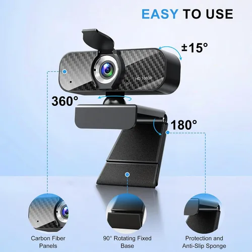 Miniatura 6 de Webcam Full HD 1080P con micrófono incorporado y trípode giratorio, placa de fibra de carbono y cubierta de privacidad, corrección de luz