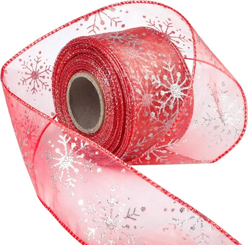 Miniatura 9 de Cinta con alambre de 2.5 pulgadas de Navidad con copo de nieve, cinta de organza con purpurina para árbol de Navidad, corona, decoración de fiesta