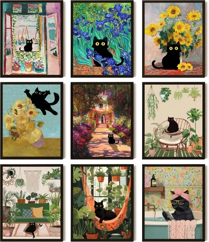 Divertido póster de arte de pared de gato negro, juego de 9, impresiones en lienzo vintage de gato negro de Van Gogh, impresiones estéticas florales