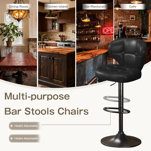 Miniatura 6 de Juego de 2 taburetes de bar, taburetes de bar giratorios ajustables con respaldo, sillas de bar de altura de mostrador con reposapiés, asiento Negro