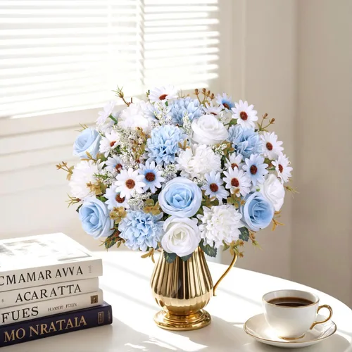 Miniatura 4 de Dremisland Fake Flower Bouquets,2 Packs Silk Rose Daisy Bouquet Artificial Flower Arrangement Realistic Rose Bouquets for Centerpiece Table Wedding