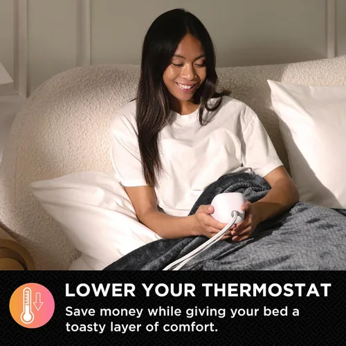 Miniatura 4 de Brookstone Manta eléctrica de felpa con 10 ajustes de calor, temporizador ajustable, apta para secadora, manta tamaño King, color carbón