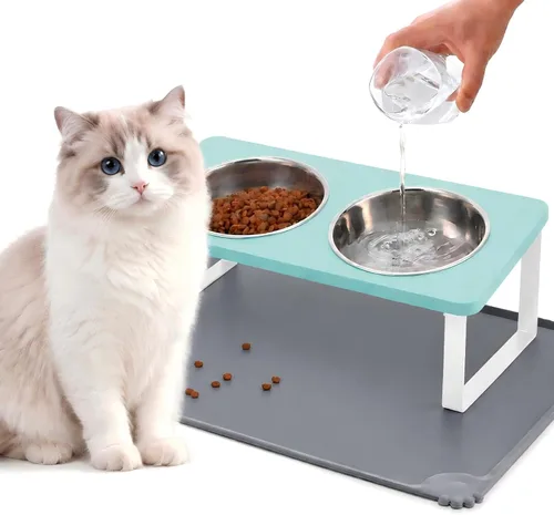 Miniatura 12 de Cuencos elevados mejorados para gatos con alfombrilla para comida, soporte inclinado a 15° anti-vómito, cuencos elevados para gatos para comida