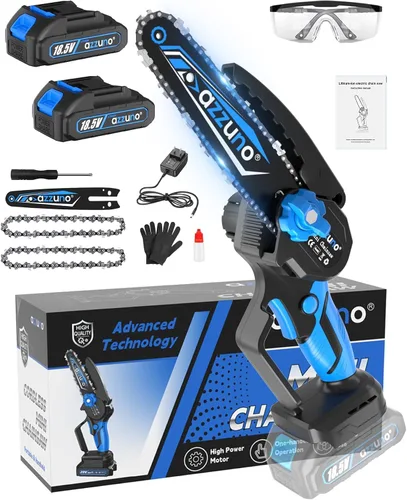 AZZUNO Mini motosierra, motosierra eléctrica portátil de 6 pulgadas, inalámbrica, pequeña motosierra de mano con 2 baterías recargables y 2 cadenas